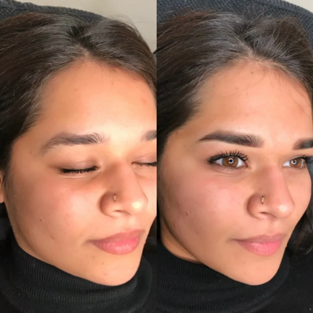 Før og efter permanent makeup, set i halvprofil